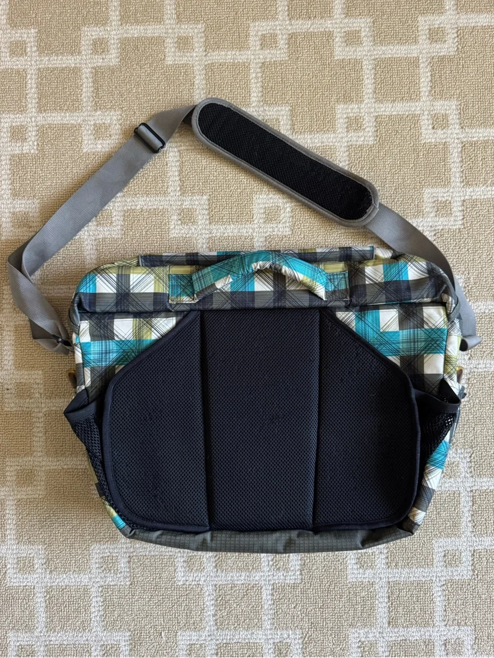L.L. Bean Laptop Messenger Bag Padded Crossbody Briefcase Teal Gray Plaid O/S